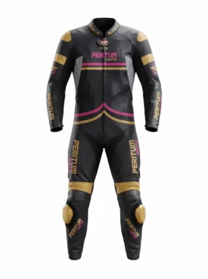 Custom Black, Gold & Pink 1-Piece Leather Motorcycle Suit | Peritum Moto
