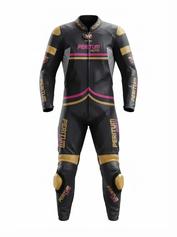 Custom Black, Gold & Pink 1-Piece Leather Motorcycle Suit | Peritum Moto