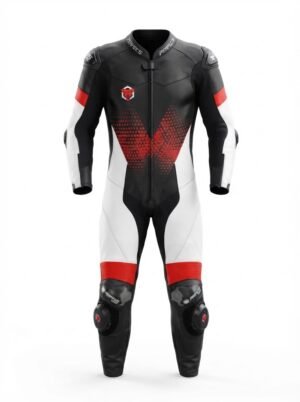 Custom Black, White & Red 1-Piece Leather Motorcycle Suit | Peritum Moto