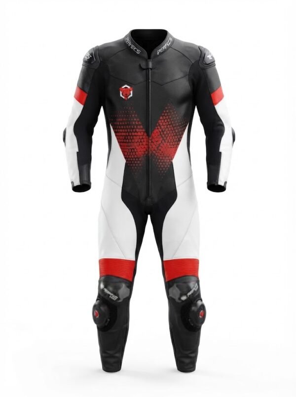 Custom Black, White & Red 1-Piece Leather Motorcycle Suit | Peritum Moto
