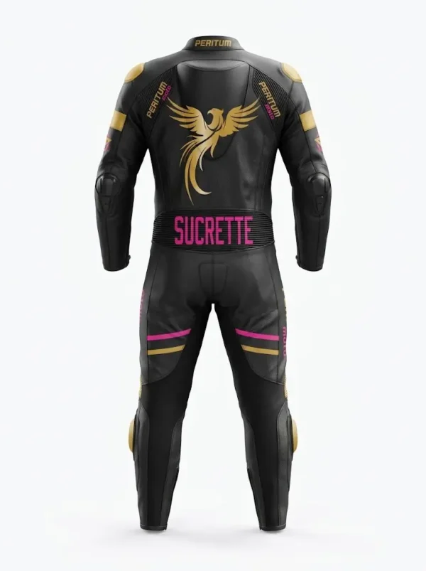 Custom Black, Gold & Pink 1-Piece Leather Motorcycle Suit | Peritum Moto