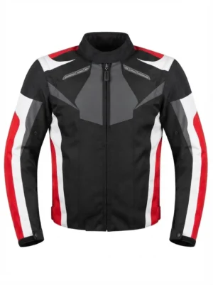 10 Custom Black, White & Red Leather Motorcycle Racing Jacket | Peritum Moto