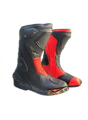 Custom Black & Red Pro Leather Motorcycle Racing Boots | Peritum Moto