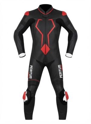 Custom Black & Red Graphic 1-Piece Leather Motorcycle Suit | Peritum Moto