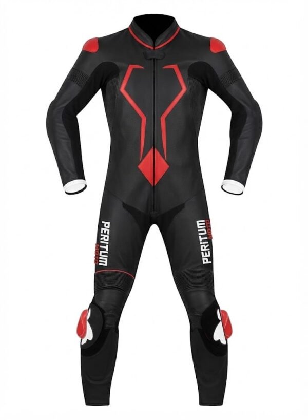 Custom Black & Red Graphic 1-Piece Leather Motorcycle Suit | Peritum Moto