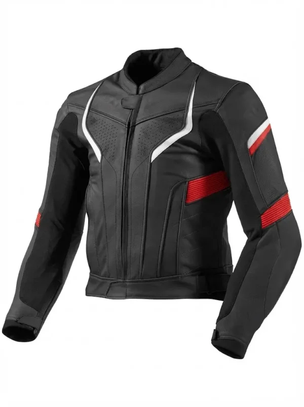 8 Custom Black, Red & White Leather Motorcycle Racing Jacket | Peritum Moto