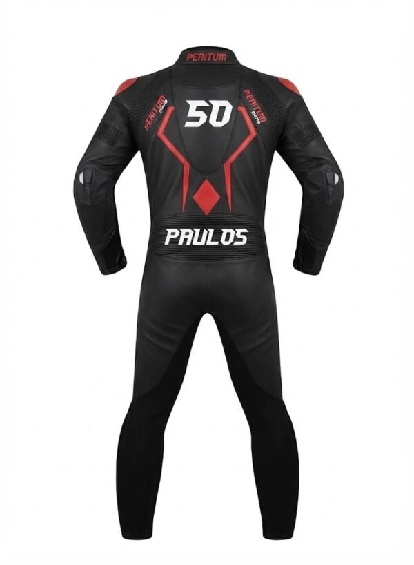 Custom Black & Red Graphic 1-Piece Leather Motorcycle Suit | Peritum Moto