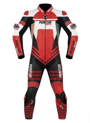 Custom Red, White & Black 1-Piece Leather Motorcycle Suit | Peritum Moto