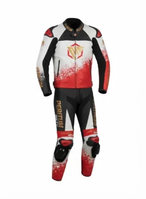 Custom White, Black & Red 2-Piece Leather Motorcycle Suit | Peritum Moto